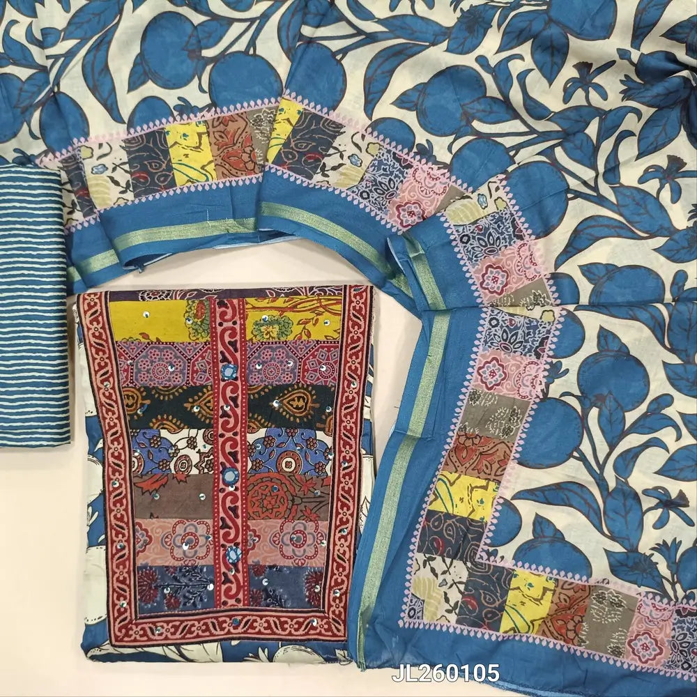 Blue premium satin cotton unstitched salwar material(textured,lining optional)ajrak patch work with real mirror & sequins on yoke,printed all over,printed cotton bottom, digital printed mixed cotton dupatta with ajrak borders. JL260105