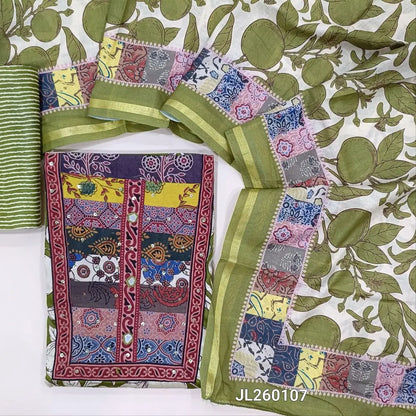 Olive green premium satin cotton unstitched salwar material(textured,lining optional)ajrak patch work with real mirror & sequins on yoke,printed all over,printed cotton bottom, digital printed mixed cotton dupatta with ajrak borders. JL260107