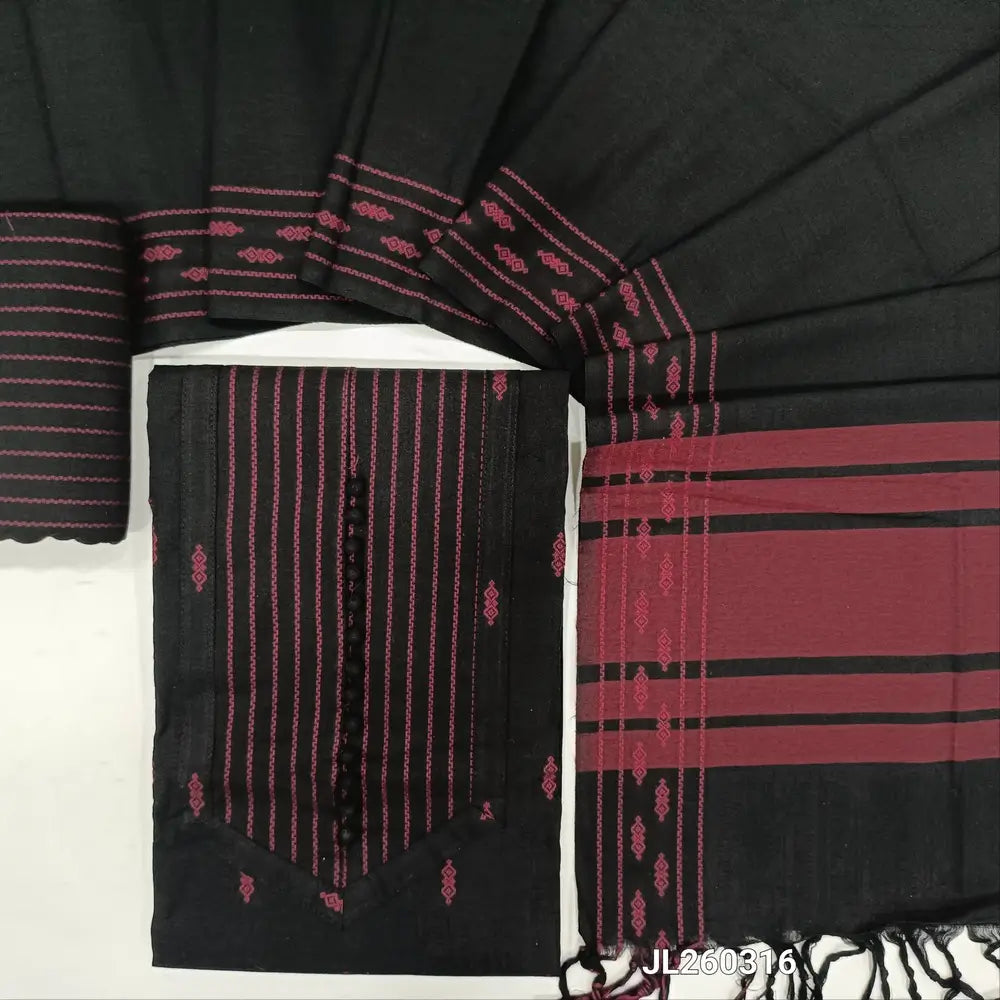 Designer black premium handloom cotton unstitched salwar material,thread woven & potli buttons work on yoke(lining optional)vertical weaving handloom cotton bottom,soft handloom cotton dupatta with thread weaving design. JL260316
