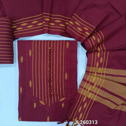 Designer dark maroon premium handloom cotton unstitched salwar material,thread woven & potli buttons work on yoke(lining optional)vertical weaving handloom cotton bottom,soft handloom cotton dupatta with thread weaving design. JL260313