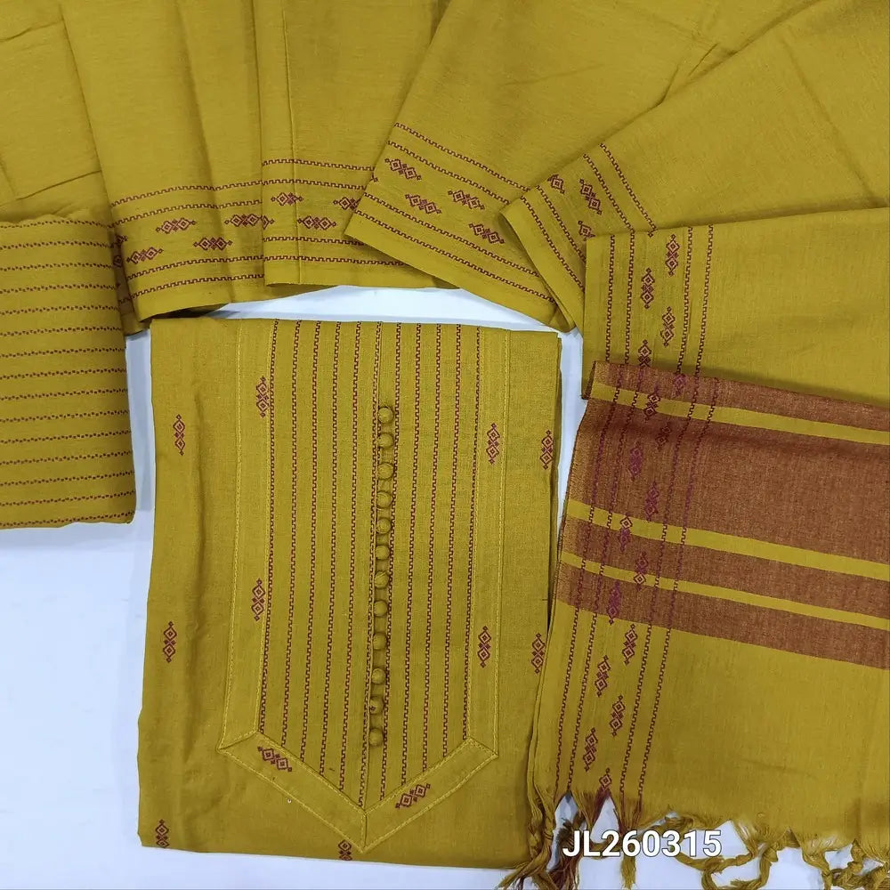 Designer mehandhi green premium handloom cotton unstitched salwar material,thread woven & potli buttons work on yoke(lining optional)vertical weaving handloom cotton bottom,soft handloom cotton dupatta with thread weaving design. JL260315