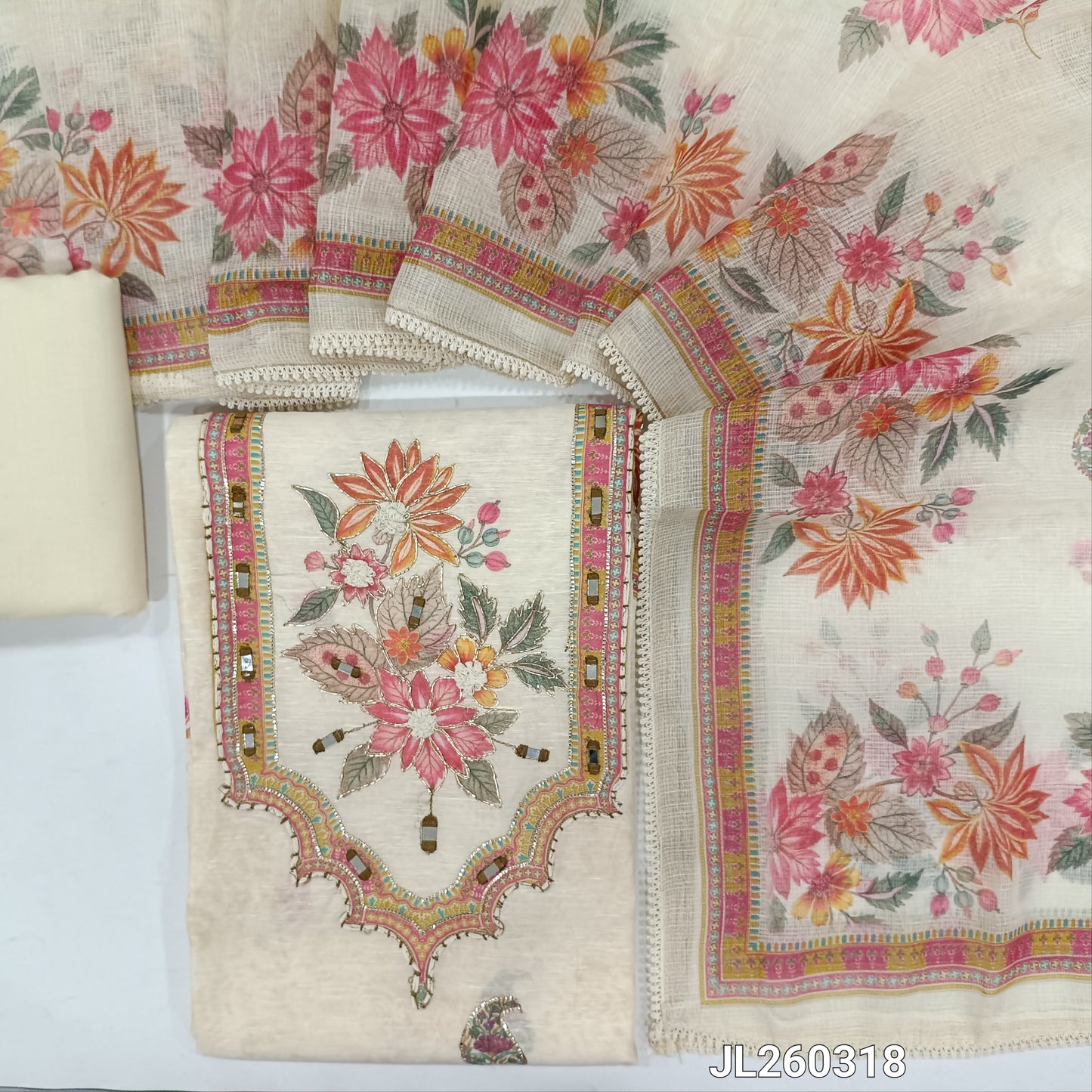 Designer off white base floral printed slub silk cotton unstitched salwar material,zardozi and real mirror work on yoke & front( lining needed)matching cotton bottom, digital printed semi linen dupatta with lace tapping.JL260318