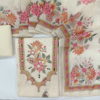 Designer off white base floral printed slub silk cotton unstitched salwar material,zardozi and real mirror work on yoke & front( lining needed)matching cotton bottom, digital printed semi linen dupatta with lace tapping.JL260318
