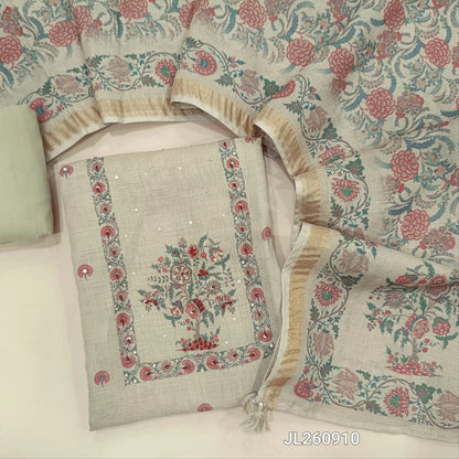 Designer rich beige tissue linen unstitched salwar material,digital prints, thread & sequins work on yoke (light weight,lining needed)santoon bottom,digital printed tissue linen dupatta with gold tissue borders. JL260910