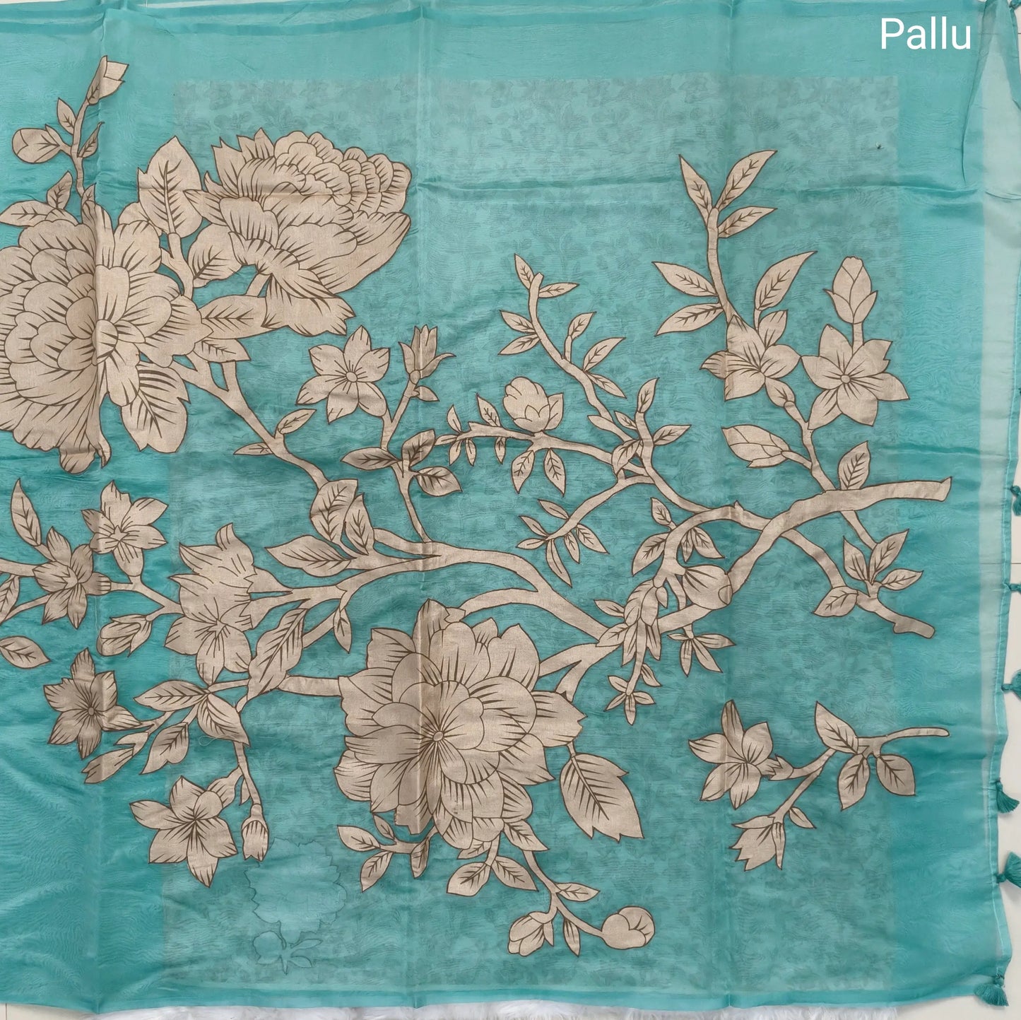 Designer pastel blue organza saree with kalamkari art silk applique work(soft, thin)rich pallu,digital printed art silk blouse. NS116