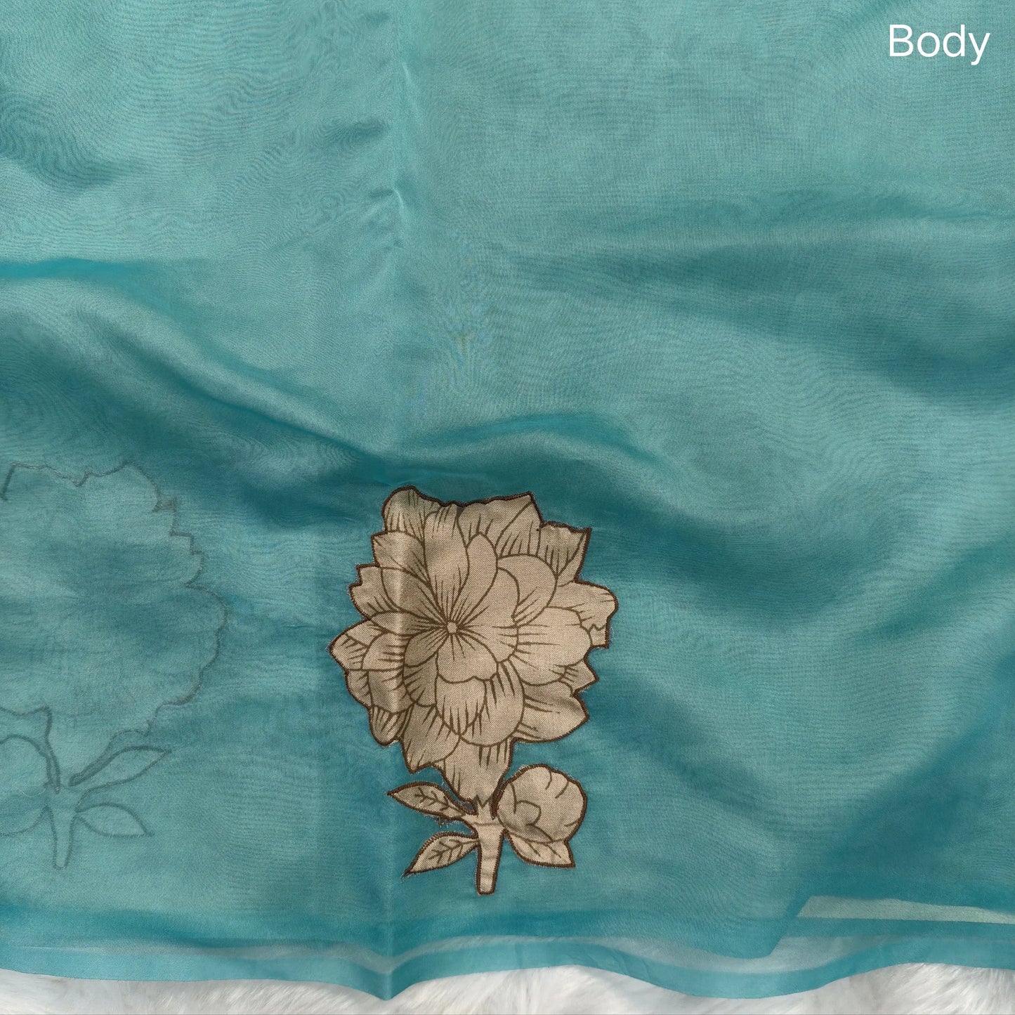 Designer pastel blue organza saree with kalamkari art silk applique work(soft, thin)rich pallu,digital printed art silk blouse. NS116