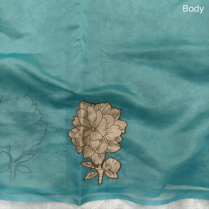 Designer pastel blue organza saree with kalamkari art silk applique work(soft, thin)rich pallu,digital printed art silk blouse. NS116
