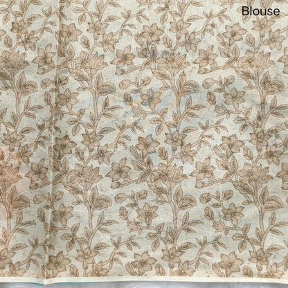 Designer pastel blue organza saree with kalamkari art silk applique work(soft, thin)rich pallu,digital printed art silk blouse. NS116