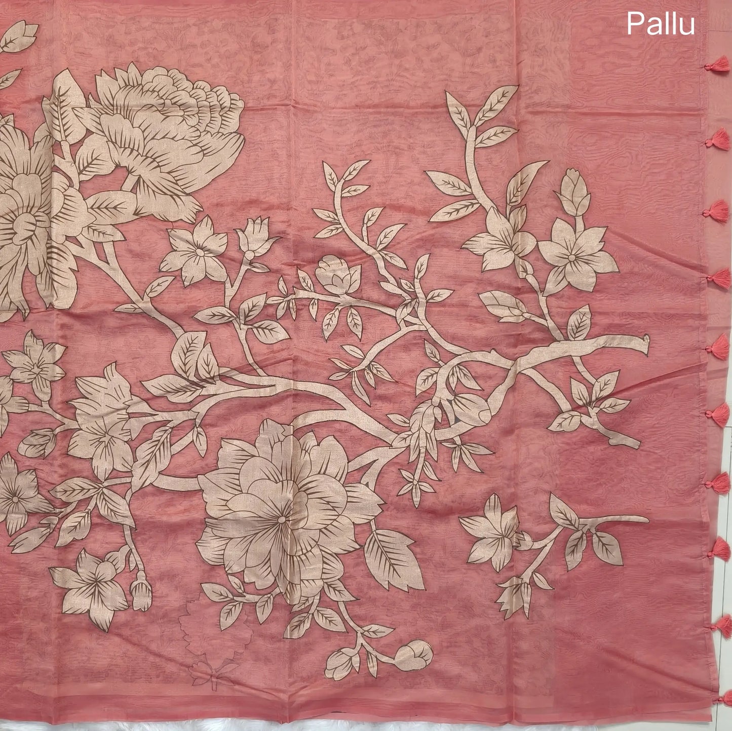 Designer pastel pink organza saree with kalamkari art silk applique work(soft, thin)rich pallu,digital printed art silk blouse. NS117