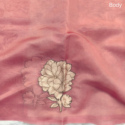 Designer pastel pink organza saree with kalamkari art silk applique work(soft, thin)rich pallu,digital printed art silk blouse. NS117