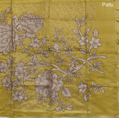 Designer golden yellow organza saree with kalamkari art silk applique work(soft, thin)rich pallu,digital printed art silk blouse. NS118