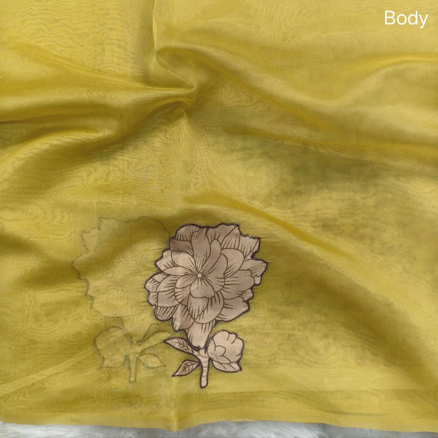 Designer golden yellow organza saree with kalamkari art silk applique work(soft, thin)rich pallu,digital printed art silk blouse. NS118