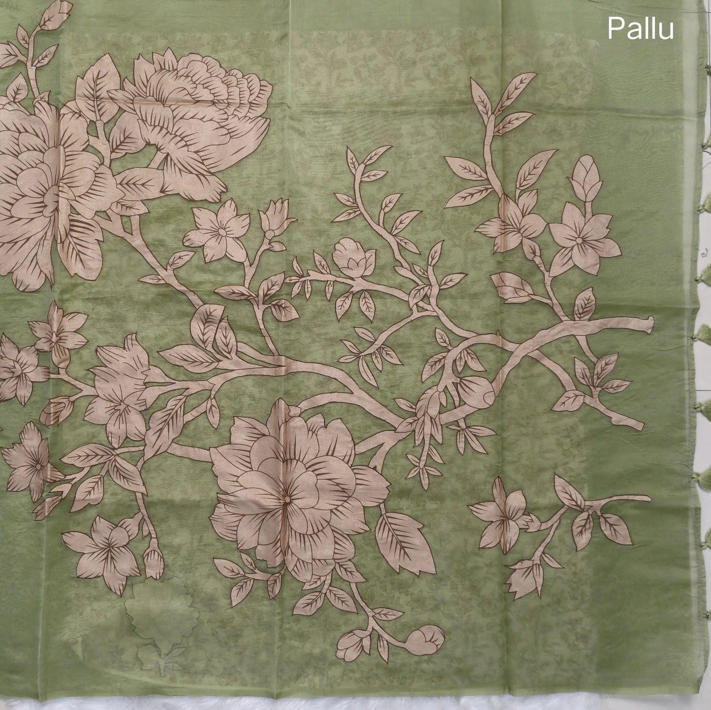 Designer light sage green organza saree with kalamkari art silk applique work(soft, thin)rich pallu,digital printed art silk blouse. NS119