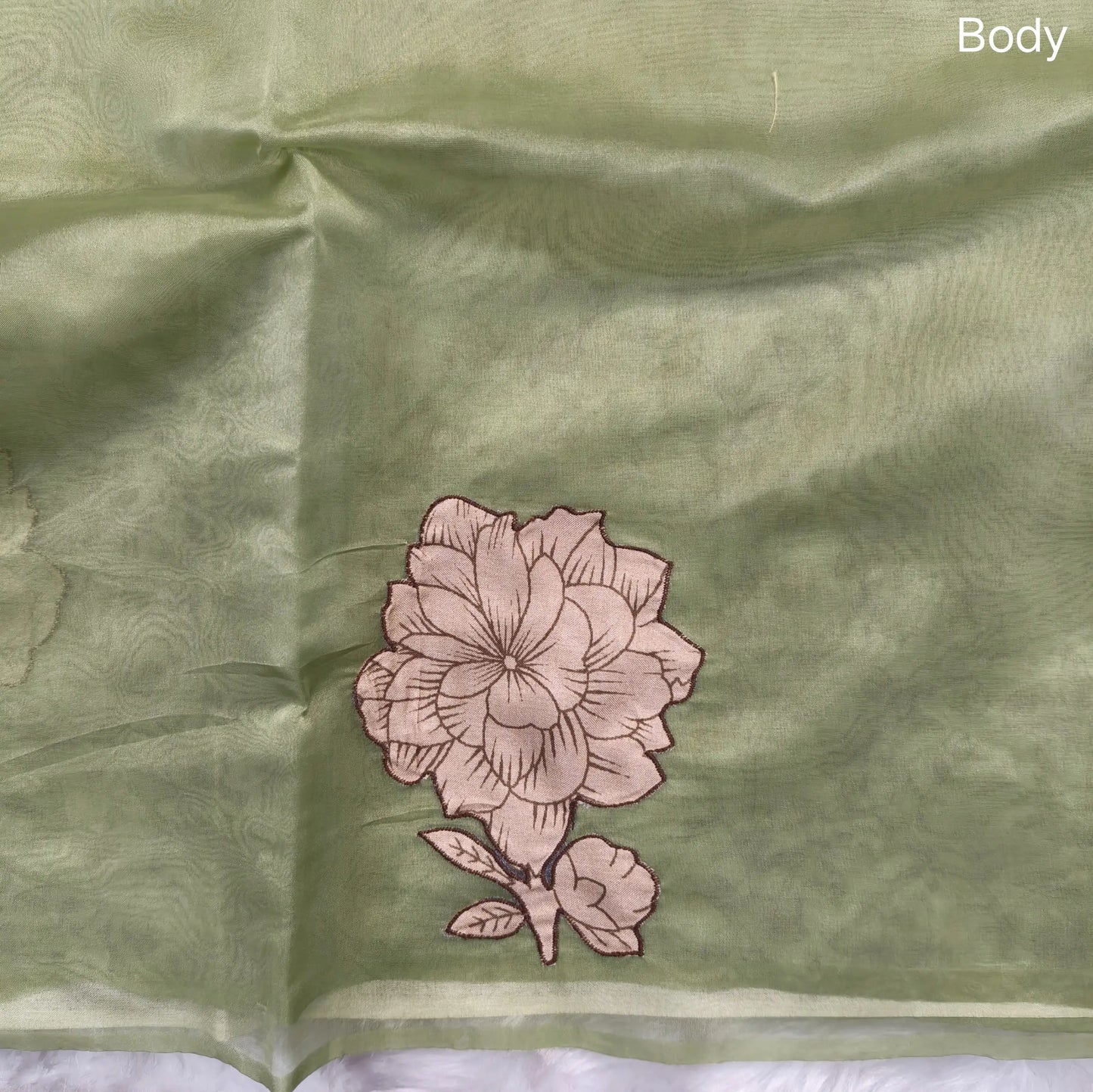 Designer light sage green organza saree with kalamkari art silk applique work(soft, thin)rich pallu,digital printed art silk blouse. NS119