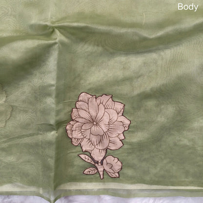 Designer light sage green organza saree with kalamkari art silk applique work(soft, thin)rich pallu,digital printed art silk blouse. NS119