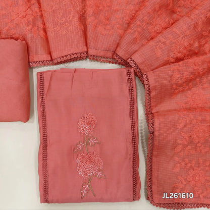 Peachish pink premium mul chanderi unstitched salwar material,lace work,thread,sequins and zarodzi on yoke(lining needed)spun cotton bottom, rich self embroidery work on kota dupatta. JL261610