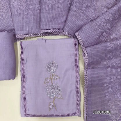 Lavender premium mul chanderi unstitched salwar material,lace work,thread,sequins and zarodzi on yoke(lining needed)spun cotton bottom, rich self embroidery work on kota dupatta. JL261608