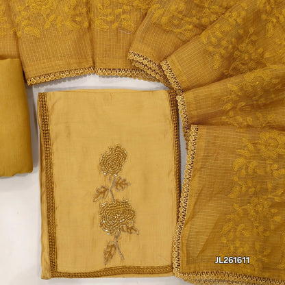Mehandhi yellow premium mul chanderi unstitched salwar material,lace work,thread,sequins and zarodzi on yoke(lining needed)spun cotton bottom, rich self embroidery work on kota dupatta. JL261611
