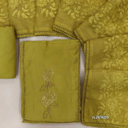 Mehandhi green premium mul chanderi unstitched salwar material,lace work,thread,sequins and zarodzi on yoke(lining needed)spun cotton bottom, rich self embroidery work on kota dupatta. JL261609
