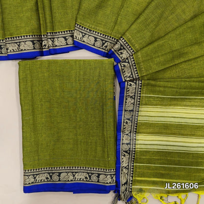 Bright mossy green premium mercerized handloom cotton unstitched salwar material(thin, lining needed)contrast thread woven border,mercerized handloom cotton dupatta with thread woven borders & tassels. JL261606