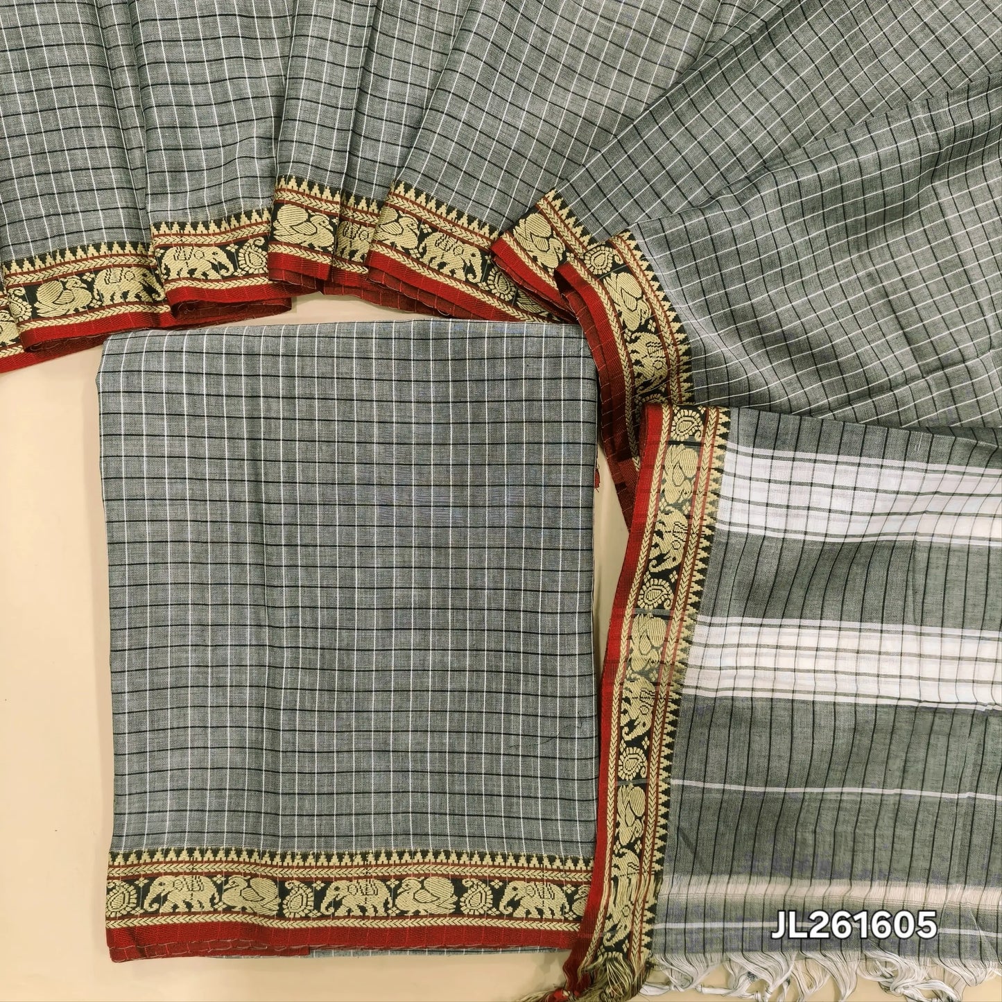 Grey premium mercerized handloom cotton unstitched salwar material(thin, lining needed)checked and contrast thread woven border,mercerized handloom cotton dupatta with thread woven borders & tassels. JL261605