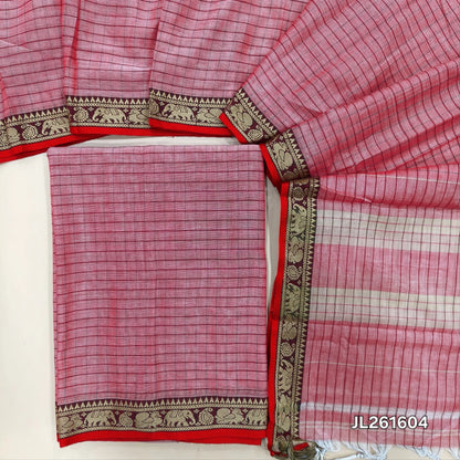 Pink premium mercerized handloom cotton unstitched salwar material(thin, lining needed)checked and contrast thread woven border,mercerized handloom cotton dupatta with thread woven borders & tassels. JL261604