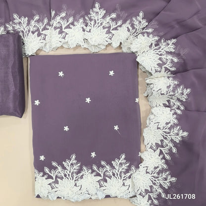 Mauve semi georgette unstitched salwar material, floral embroidery on front,embroidery and cut work daman(soft,Lining Needed)matching silky fabric provided for both bottom and lining,semi georgette with embroidery and cut work borders. JL261708