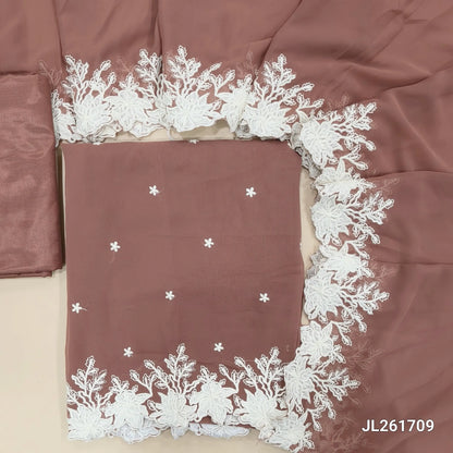 Chocolate brown semi georgette unstitched salwar material, floral embroidery on front,embroidery and cut work daman(soft,Lining Needed)matching silky fabric provided for both bottom and lining,semi georgette with embroidery and cut work borders. JL261709
