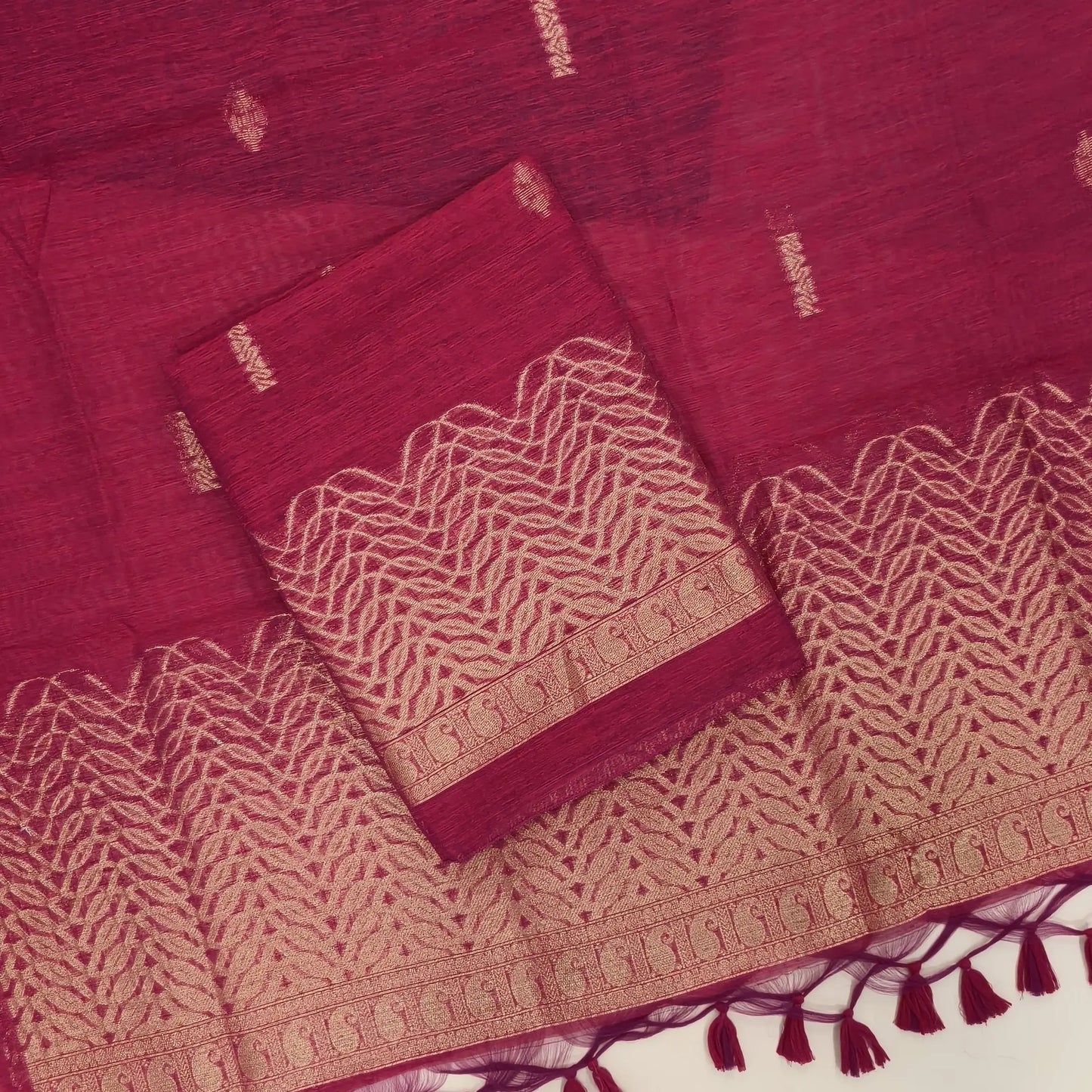 PRE ORDER TO SHIP 15 DAYS Bright pink jamdani woven premium tussar unstitched salwar material,buttas on front, gold zari weaving daman, (Thin, textured, lining needed)silk cotton bottom, buttas on full length tussar dupatta with rich pallu. JL261711