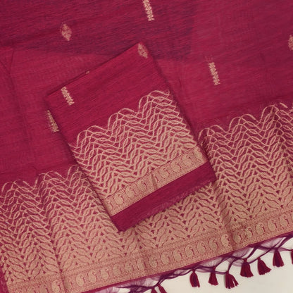 PRE ORDER TO SHIP 15 DAYS Bright pink jamdani woven premium tussar unstitched salwar material,buttas on front, gold zari weaving daman, (Thin, textured, lining needed)silk cotton bottom, buttas on full length tussar dupatta with rich pallu. JL261711