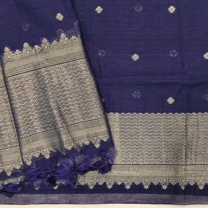 Dark blue jamdani woven premium tussar unstitched salwar material,buttas on front,antic gold zari weaving daman, (Thin, textured, lining needed)silk cotton bottom, buttas on full length tussar dupatta with rich pallu and tassles. JL261710