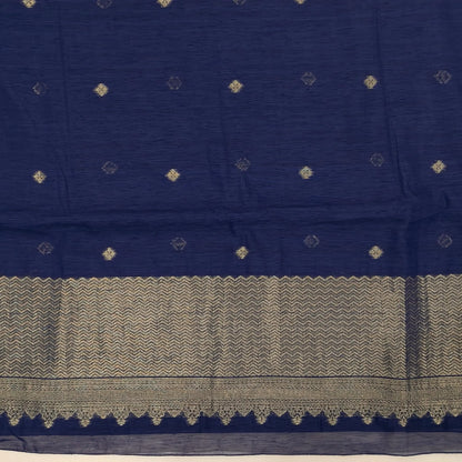 Dark blue jamdani woven premium tussar unstitched salwar material,buttas on front,antic gold zari weaving daman, (Thin, textured, lining needed)silk cotton bottom, buttas on full length tussar dupatta with rich pallu and tassles. JL261710