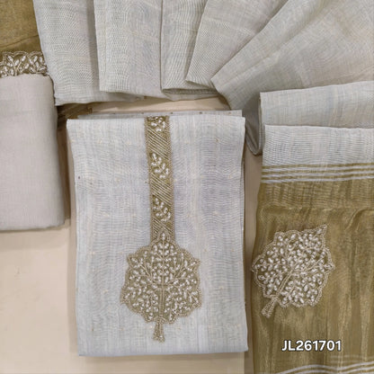 Rich beige premium silk cotton unstitched salwar material,zarodzi and zari work on yoke, zari buttas all over,(lining needed)rich daman, spun cotton bottom, designer premium silk cotton dupatta with rich pallu. JL261701