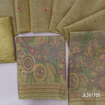 Mehandhi yellow silk cotton unstitched salwar material, thread woven on front, weaving daman,(Lightweight, Lining Needed) silky bottom, thread weaving silk cotton dupatta with pallu. JL261705