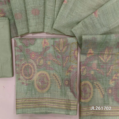 Pastel green silk cotton unstitched salwar material, thread woven on front, weaving daman,(Lightweight, Lining Needed) silky bottom, thread weaving silk cotton dupatta with pallu. JL261702