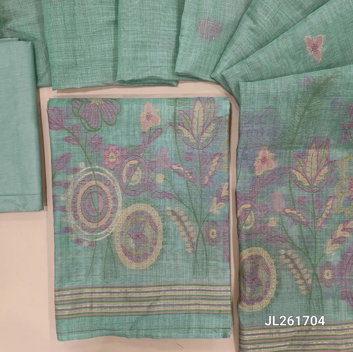 Pastel blue silk cotton unstitched salwar material, thread woven on front, weaving daman,(Lightweight, Lining Needed) silky bottom, thread weaving silk cotton dupatta with pallu. JL261704