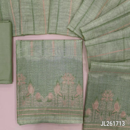 Pastel green silk cotton unstitched salwar material, thread and zari weaving all over, weaving daman,(Lightweight, Lining Needed) silky bottom, thread and zari woven silk cotton dupatta with pallu. JL261713