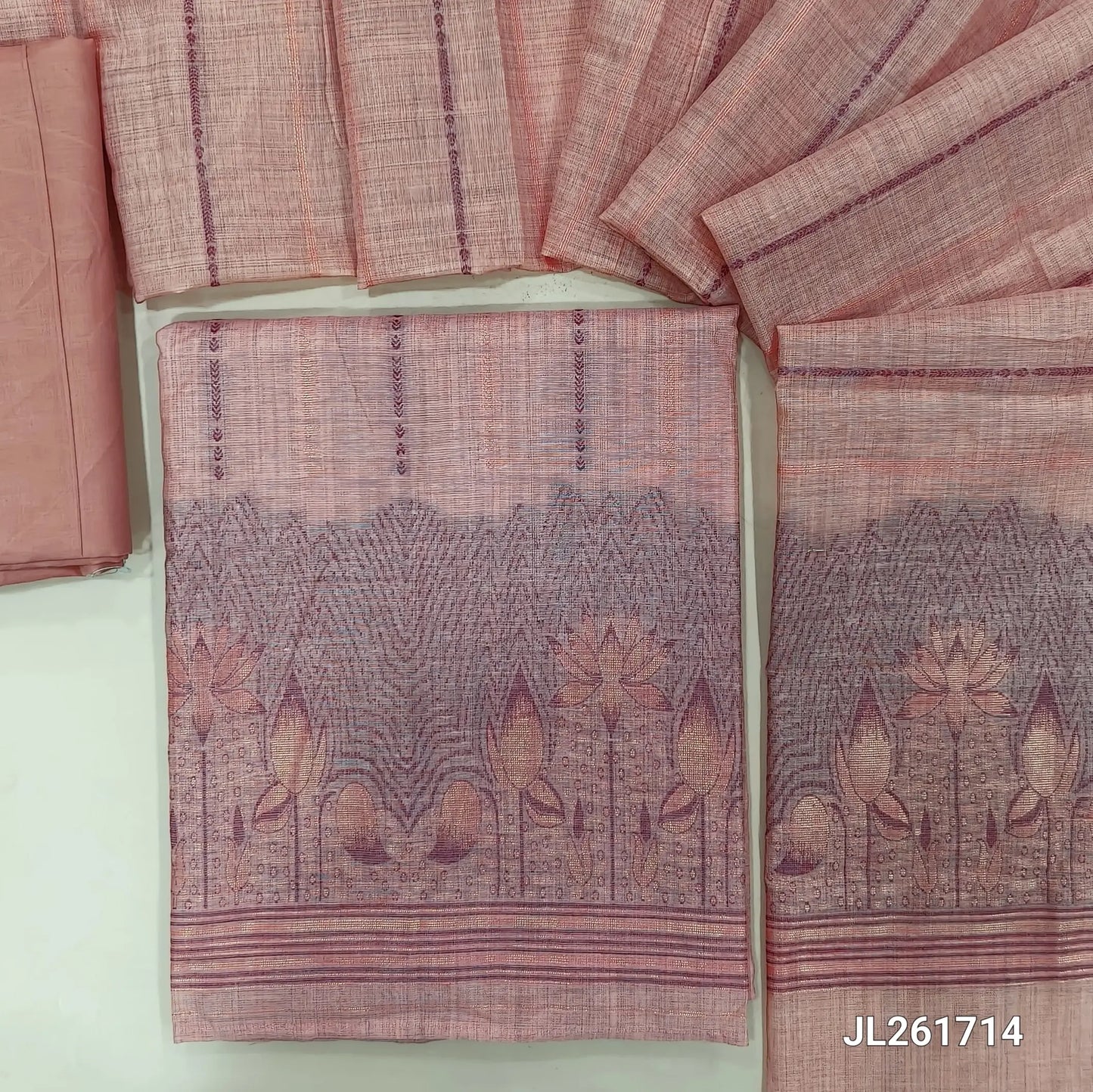 Peachish pink silk cotton unstitched salwar material, thread and zari weaving all over, weaving daman,(Lightweight, Lining Needed) silky bottom, thread and zari woven silk cotton dupatta with pallu. JL261714