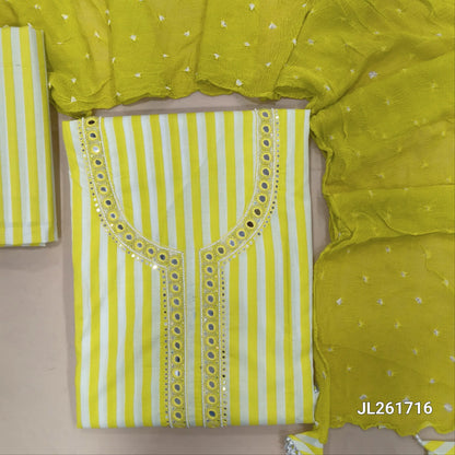 Mehandhi yellow mul cotton unstitched salwar material, real mirror, sugar bead and faux mirror on yoke, (lining needed)striped cotton bottom,tie and dye chiffon stole. JL261716