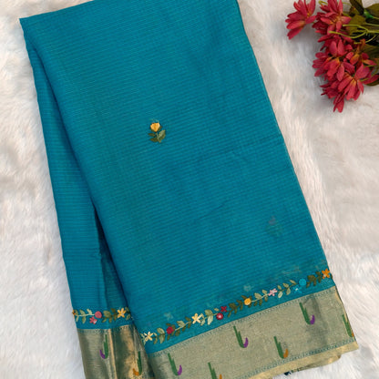 Turquoise blue premium kota silk saree(soft, thin)with rich hand embroidery work all over,paithani woven double side borders,rich zari woven pallu,with hand embroidery & sequins work,running blouse with embroidery and borders. NS255