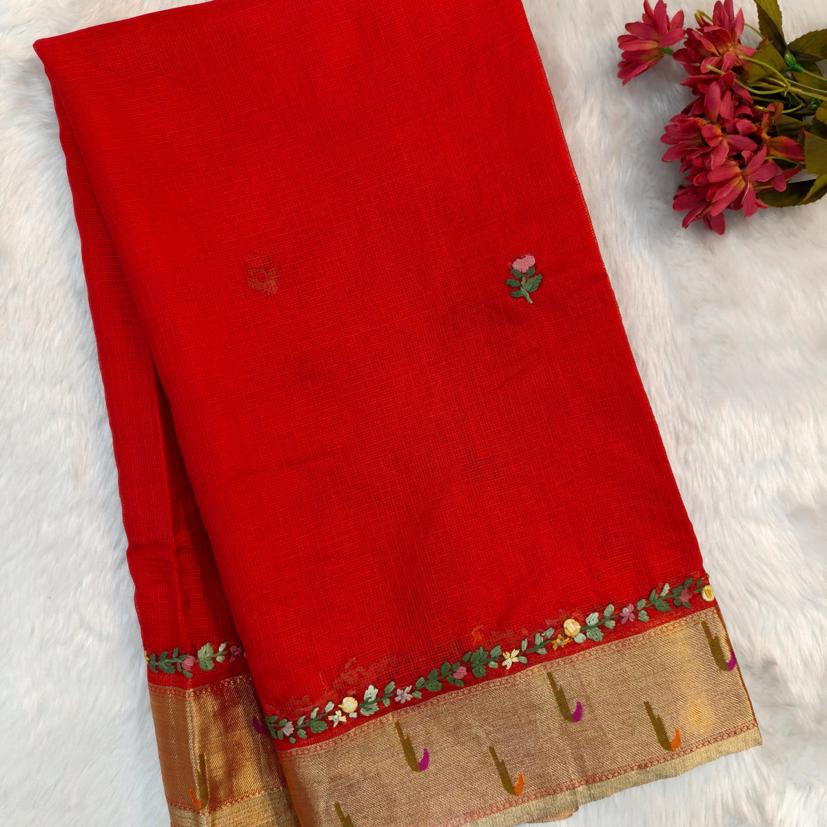 Bright red premium kota silk saree(soft, thin)with rich hand embroidery work all over,paithani woven double side borders,rich zari woven pallu,with hand embroidery & sequins work,running blouse with embroidery and borders. NS258