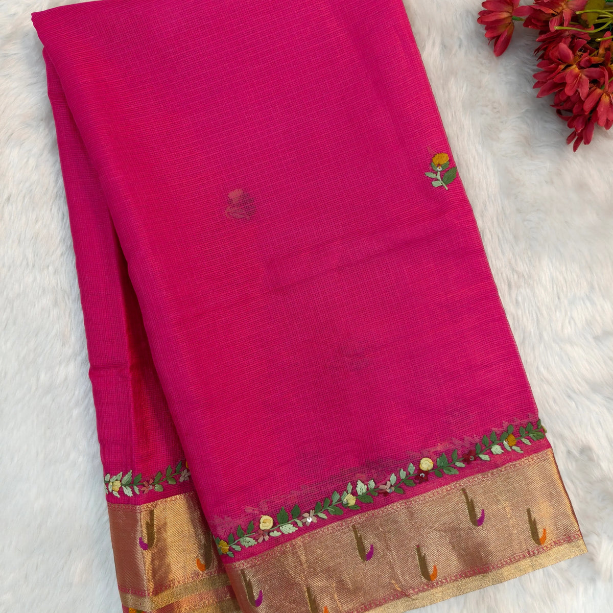 Rani pink premium kota silk saree(soft, thin)with rich hand embroidery work all over,paithani woven double side borders,rich zari woven pallu,with hand embroidery & sequins work,running blouse with embroidery and borders. NS256