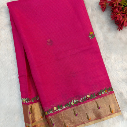Rani pink premium kota silk saree(soft, thin)with rich hand embroidery work all over,paithani woven double side borders,rich zari woven pallu,with hand embroidery & sequins work,running blouse with embroidery and borders. NS256