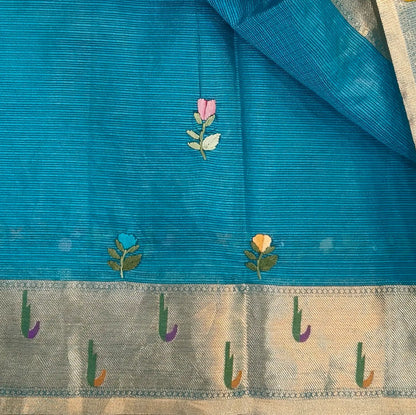 Turquoise blue premium kota silk saree(soft, thin)with rich hand embroidery work all over,paithani woven double side borders,rich zari woven pallu,with hand embroidery & sequins work,running blouse with embroidery and borders. NS255