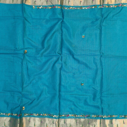 Turquoise blue premium kota silk saree(soft, thin)with rich hand embroidery work all over,paithani woven double side borders,rich zari woven pallu,with hand embroidery & sequins work,running blouse with embroidery and borders. NS255