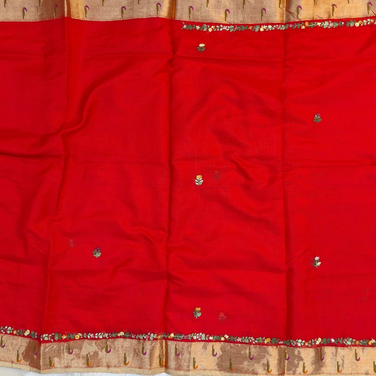 Bright red premium kota silk saree(soft, thin)with rich hand embroidery work all over,paithani woven double side borders,rich zari woven pallu,with hand embroidery & sequins work,running blouse with embroidery and borders. NS258