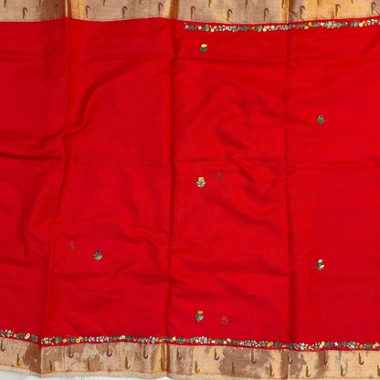 Bright red premium kota silk saree(soft, thin)with rich hand embroidery work all over,paithani woven double side borders,rich zari woven pallu,with hand embroidery & sequins work,running blouse with embroidery and borders. NS258