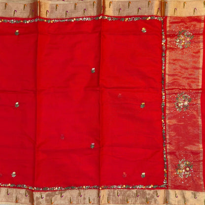 Bright red premium kota silk saree(soft, thin)with rich hand embroidery work all over,paithani woven double side borders,rich zari woven pallu,with hand embroidery & sequins work,running blouse with embroidery and borders. NS258