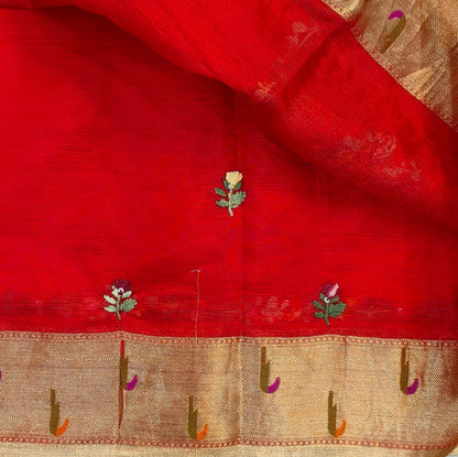 Bright red premium kota silk saree(soft, thin)with rich hand embroidery work all over,paithani woven double side borders,rich zari woven pallu,with hand embroidery & sequins work,running blouse with embroidery and borders. NS258