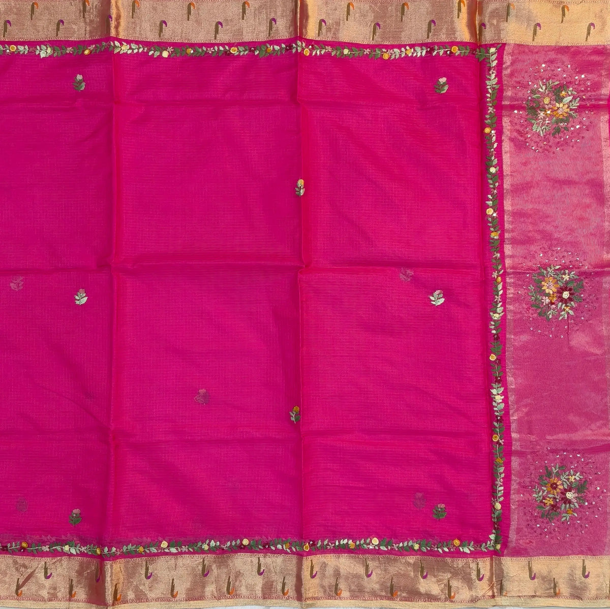 Rani pink premium kota silk saree(soft, thin)with rich hand embroidery work all over,paithani woven double side borders,rich zari woven pallu,with hand embroidery & sequins work,running blouse with embroidery and borders. NS256